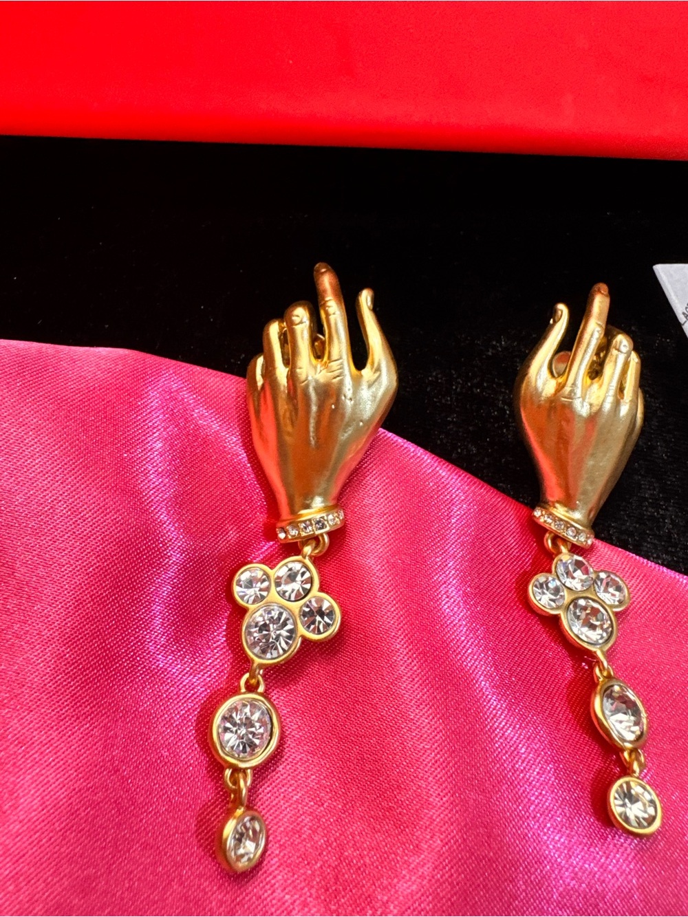 Schiaparelli inspired Gold Hand Drop Earrings with Dangle Drop Clear Crystals
